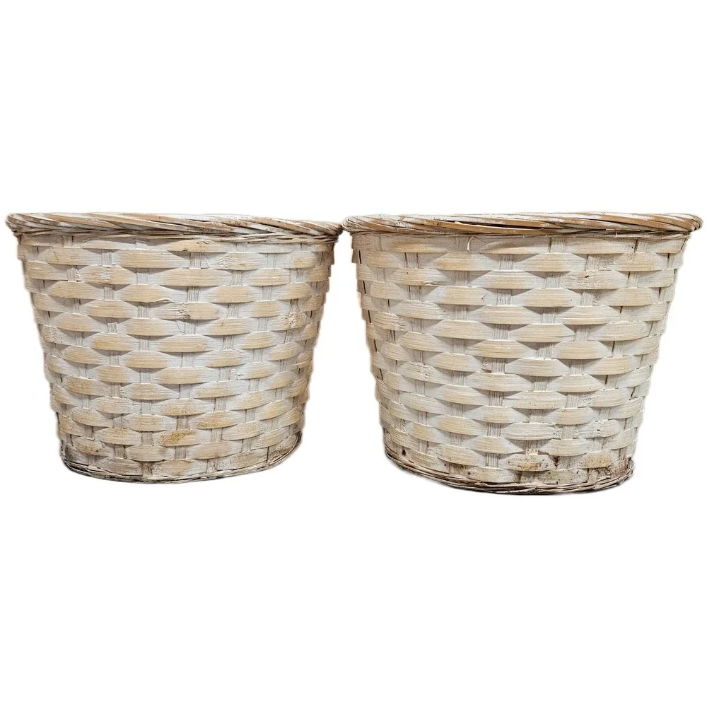 Set of 2 Rustic White Wash‎ Woven Baskets Plant Pot Cover Storage Containers